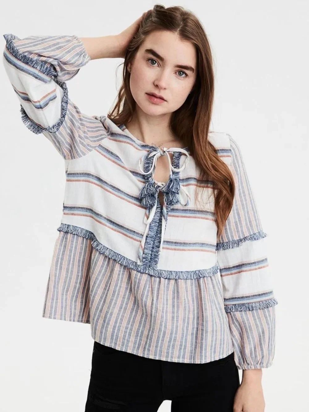 American Eagle Blue White Cotton Linen Striped Tassel Tie Boho Peasant Blouse